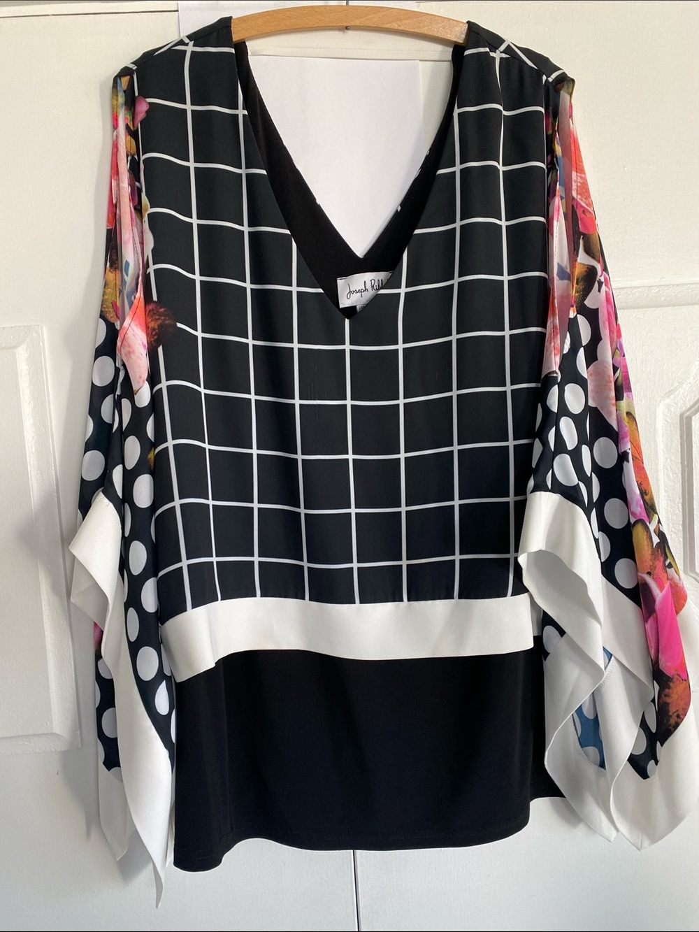Joseph Ribkoff Black Floral Draped Sleeve Blouse